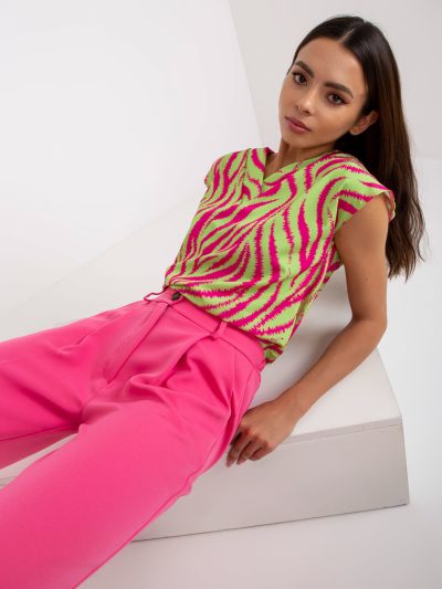 Veľkoobchodná zeleno-ružová blúzka s farebnou potlačou RUE PARIS